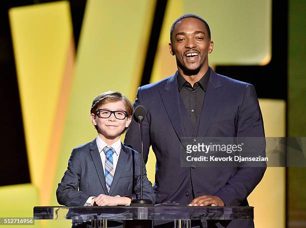 Actors Jacob Tremblay and Anthony Mackie speak onstage during the 2016 Film Independent Spirit Awards on February 27, 2016 in Santa Monica,...