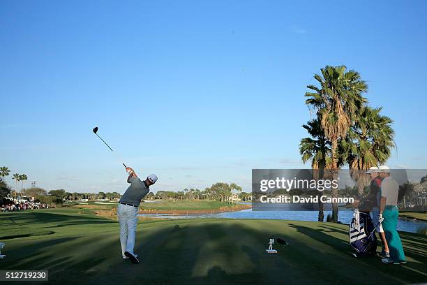 Adam Scott of Australia plays his tee shot on the par 5, 18th hole during the third round of the 2016 Honda Classic held on the PGA National Course...