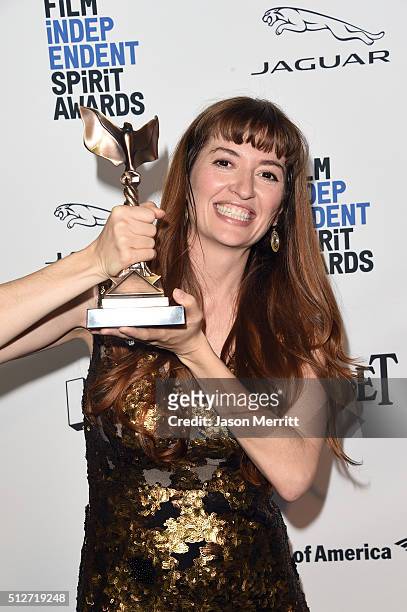 Marielle Heller, winner of Best First Feature for 'The Diary of a Teenage Girl, poses with award in the press room during the 2016 Film Independent...
