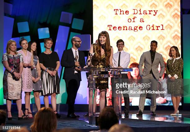 Director Marielle Heller accepts the award for Best First Feature for 'The Diary of a Teenage Girl' with cast onstage during the 2016 Film...