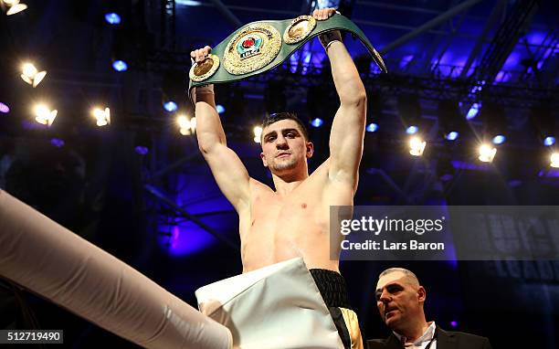 Marco Huck celebrates after winning the IBO Cruiserweight World Championship fight between Marco Huck and Ola Afolabi at Gerry Weber Stadium on...