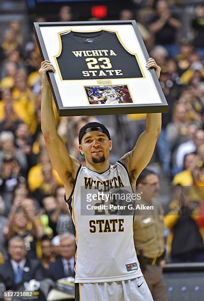 Guard Fred VanVleet of the Wichita State Shockers reacts during senior day ceremonies, after defeating the Illinois State Redbirds on February 27,...