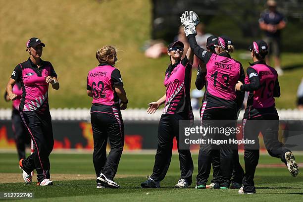 Katey Martin and Rachel Priest of New Zealand celebrate the wicket of Meg Lanning of Australia during match one of the Trans-Tasman Twenty20 Series...