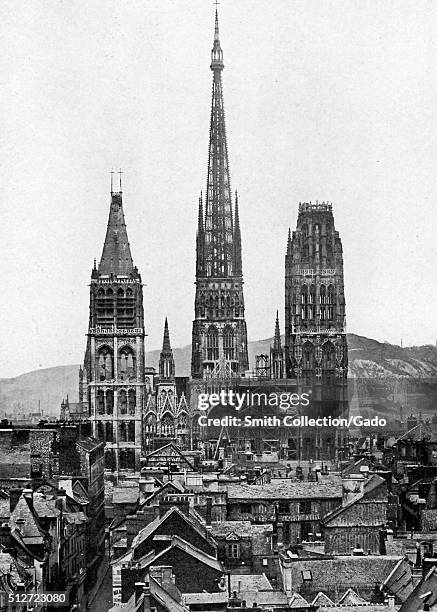View of Rouen's Notre-Dame Cathedral, considered one of the finest Gothic buildings in Normandy, the Saint Romain tower dates to the twelfth century...
