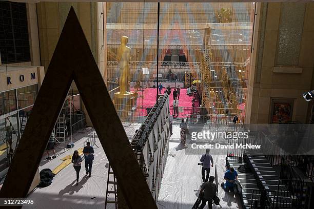 The red carpet arrivals area that leads to the Dolby Theatre is seen as preparations continue for the 88th Annual Academy Awards at Hollywood &...