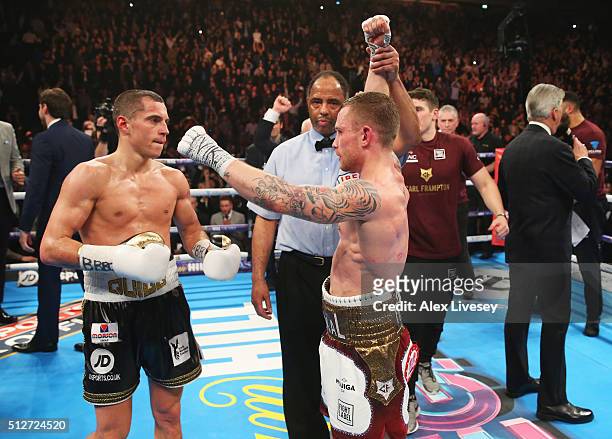 Carl Frampton is awarded a points victory over Scott Quigg after their World Super-Bantamweight title contest at Manchester Arena on February 27,...