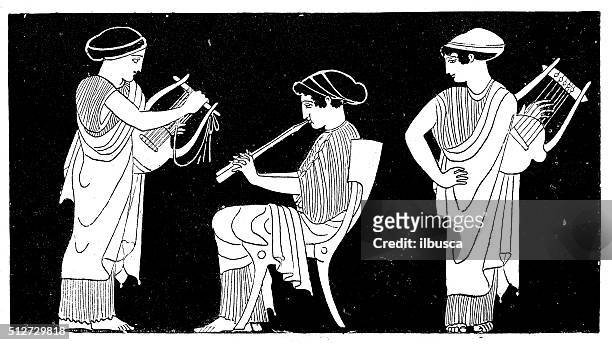 antike abbildung eines antiken griechischen frauen spielt roter und flöte - greek people stock-grafiken, -clipart, -cartoons und -symbole