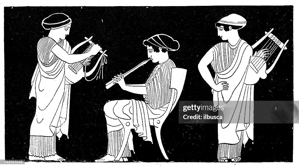 Antique illustration of ancient Greek women playing lyre and flute