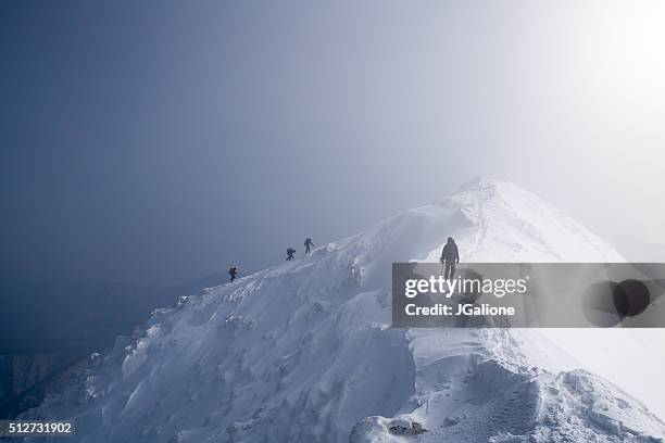 cuatro hielo escaladoras escala una cumbre de la montaña - down fotografías e imágenes de stock