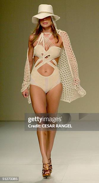 Model Daniella Ciccarelli, girlfriend of Brazilian superstar Ronaldo, wears a creation by Brazilian designer Tereza Santos, during the Spring-Summer...