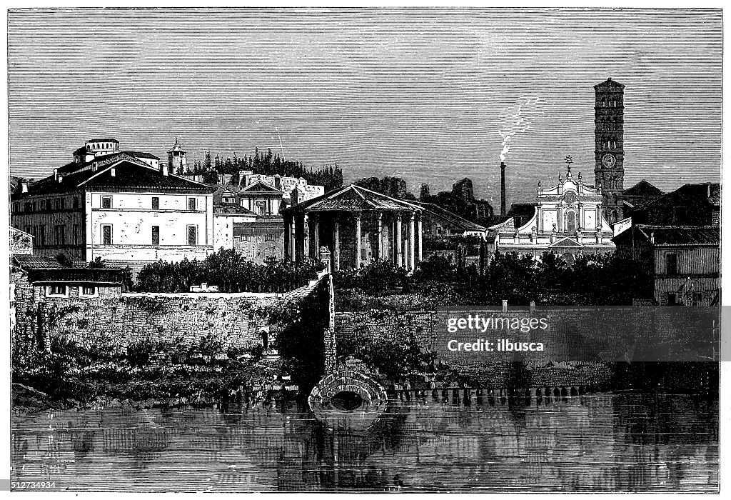 Antique illustration of view of riverfront Tiber (Rome-Italy) with monuments