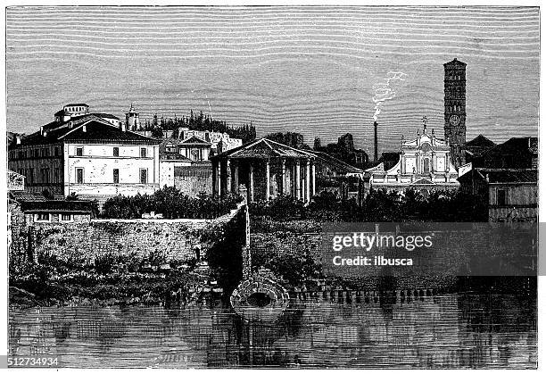 antique illustration of view of riverfront tiber (rome-italy) with monuments - water treatment 幅插畫檔、美工圖案、卡通及圖標
