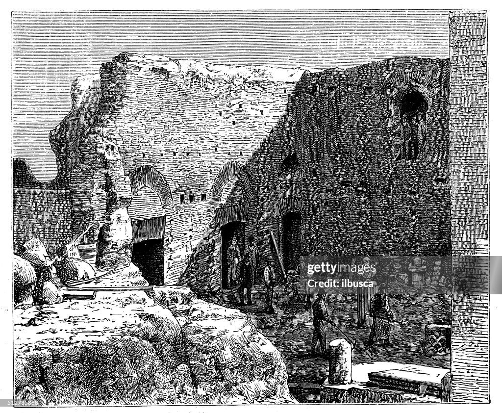 Antique illustration of excavations at House of Vestal Virgins (Rome)