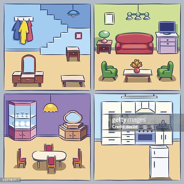 four rooms in a cut - apartment cross section stock illustrations