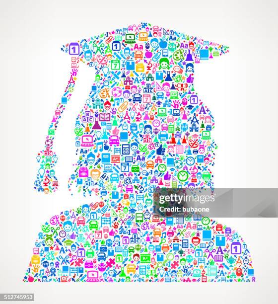 graduate woman on educational royalty free vector art pattern - grad cap pattern stock illustrations