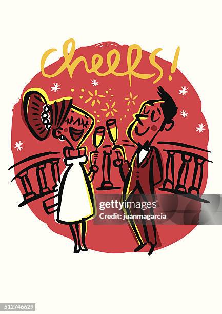 paar beim anstoßen mit champagner zu feiern wir eine party - hochzeitstag stock-grafiken, -clipart, -cartoons und -symbole