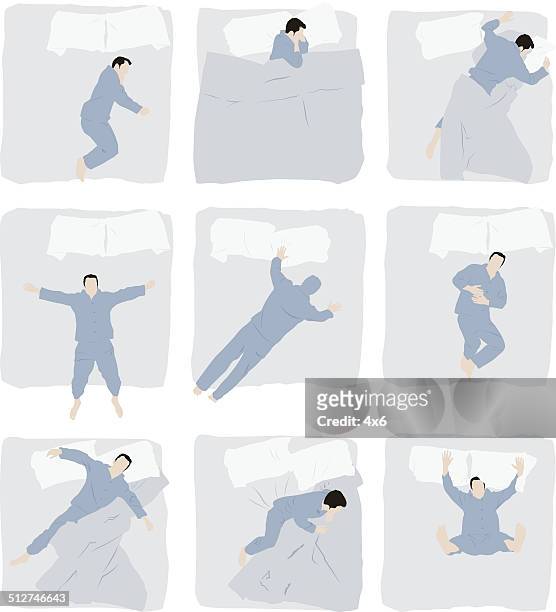 verschiedenen posen mann schlafen auf dem bett - pajamas stock-grafiken, -clipart, -cartoons und -symbole