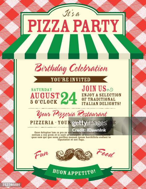 stockillustraties, clipart, cartoons en iconen met pizza and birthday party invitation design template large red check - italiaanse gerechten