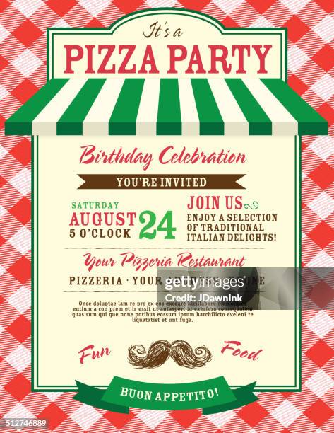 pizza and birthday party invitation design template large red check - italy vector stock illustrations