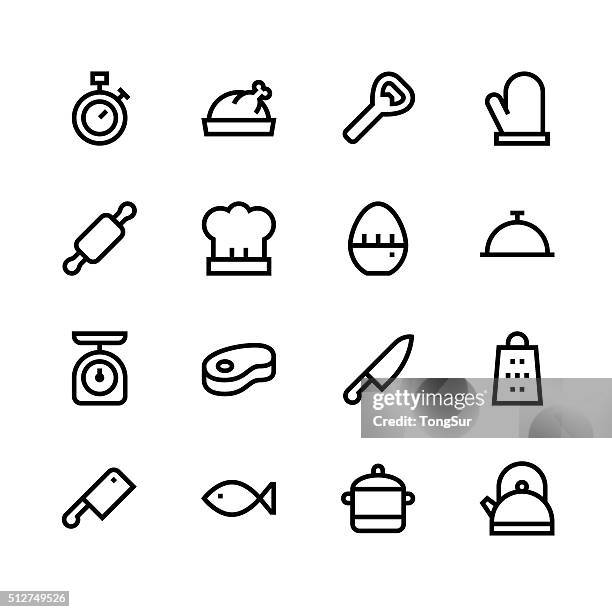 kitchen icons - line - black series - bird chefs hat stock illustrations