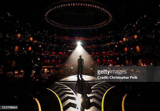 Man is seen in silhouette onstage during rehearsals for the 88th Annual Academy Awards at Dolby Theatre on February 27, 2016 in Hollywood, California.