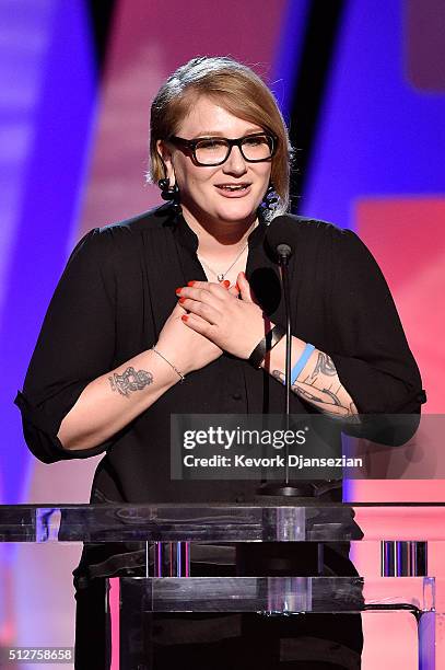 Producer Mel Eslyn accepts the Piaget Producers Award onstage during the 2016 Film Independent Spirit Awards on February 27, 2016 in Santa Monica,...