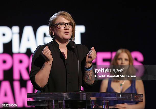 Producer Mel Eslyn accepts the 19th Annual Piaget Producers Award during the 2016 Film Independent Spirit Awards on February 27, 2016 in Santa...