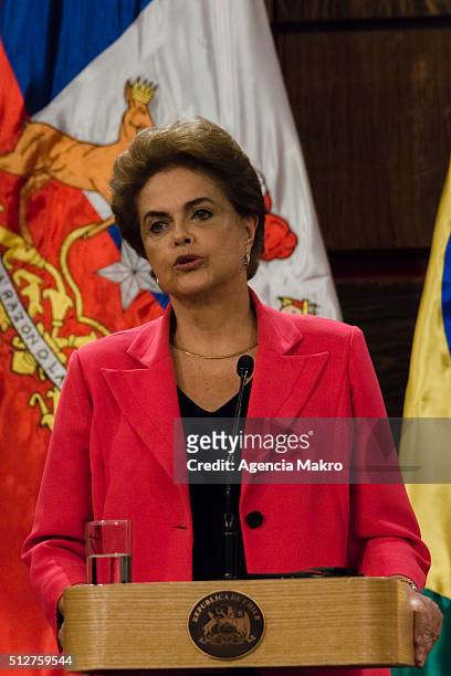 President of Brazil Dilma Rousseff gives an speech at Palacio de la Moneda on February 26, 2016 in Santiago, Chile.