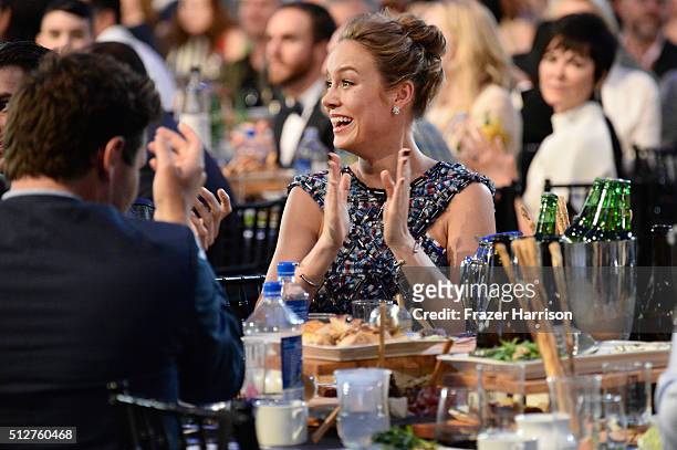 Actress Brie Larson claps when she wins the award for Best Female Lead for 'Room,' at the 2016 Film Independent Spirit Awards on February 27, 2016 in...