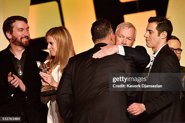 Editor Tom McArdle, producer Blye Pagon Faust, producer Michael Sugar, reporter Walter V. Robinson and screenwriter Josh Singer, winners of the Best...