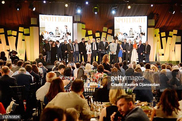 Cast and crew accept the Best Feature award for "Spotlight" onstage during the 2016 Film Independent Spirit Awards on February 27, 2016 in Santa...