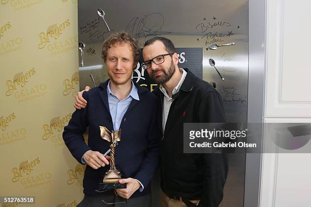 Director Laszlo Nemes winner of the Best International Film award for 'Son of Saul' and cinematographer Matyas Erdely stopped by the Breyers Gelato...