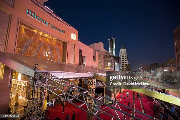 The red carpet arrivals area leading to the Dolby Theatre nears completion on the eve of the 88th Annual Academy Awards at Hollywood & Highland...