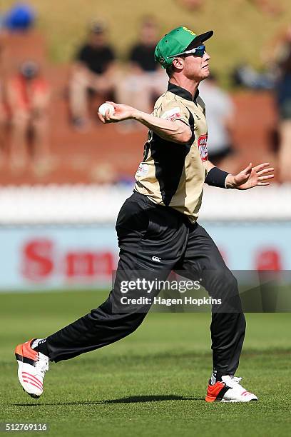 Adam Milne of North Island fields during the Island of Origin Twenty20 at Basin Reserve on February 28, 2016 in Wellington, New Zealand.