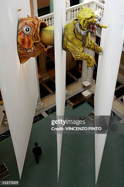 Tridimensional reconstruction of a fragment of a Salvador Dali painting is seen in the courtyard of Palazzo Grassi in Venice during the vernissage of...