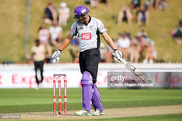 Peter Fulton of South Island reacts after being dismissed during the Island of Origin Twenty20 at Basin Reserve on February 28, 2016 in Wellington,...