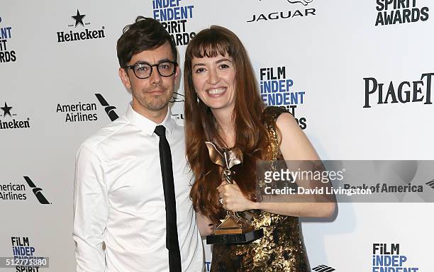 Actor Jorma Taccone and director Marielle Heller attends 2016 Film Independent Spirit Awards Press Room on February 27, 2016 in Santa Monica,...