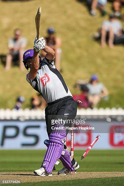 Andrew Ellis of South Island is bowled out during the Island of Origin Twenty20 at Basin Reserve on February 28, 2016 in Wellington, New Zealand.