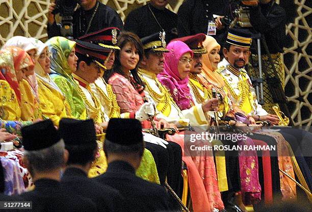 Brunei's Sultan Hassanal Bolkiah and his royal family members attend the wedding ceremony of the Crown Prince Al-Muhtadee Billah Bolkiah and commoner...