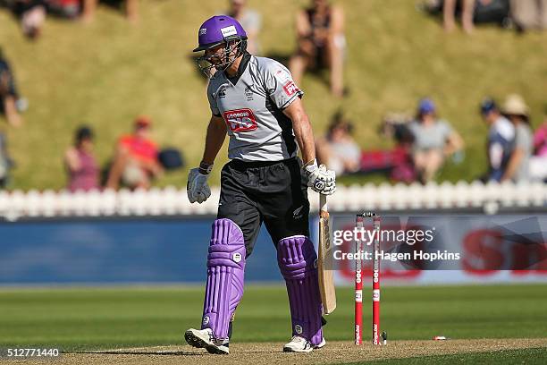 Andrew Ellis of South Island reacts after being dismissed during the Island of Origin Twenty20 at Basin Reserve on February 28, 2016 in Wellington,...