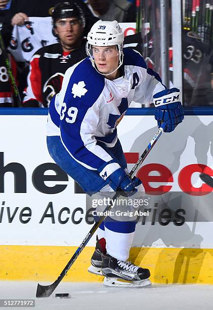 Matt Frattin of the Toronto Marlies carries the puck up ice against the Binghamton Senators during AHL game action on February 24, 2016 at Ricoh...