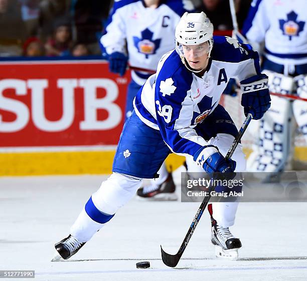 Matt Frattin of the Toronto Marlies carries the puck up ice against the Binghamton Senators during AHL game action on February 24, 2016 at Ricoh...