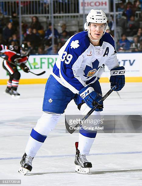 Matt Frattin of the Toronto Marlies skates up ice against the Binghamton Senators during AHL game action on February 24, 2016 at Ricoh Coliseum in...