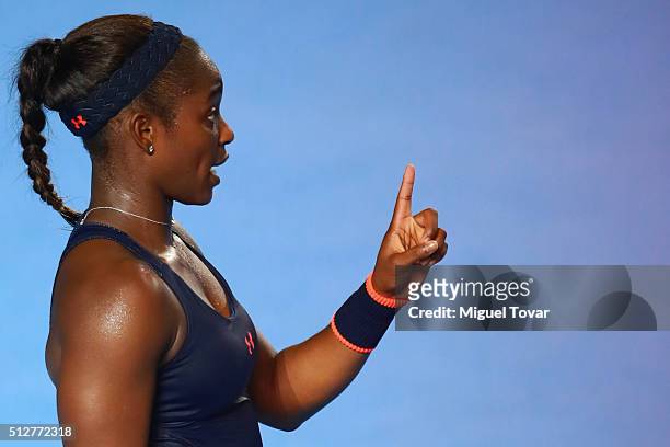 Sloane Stephens of USA reacts during the woman's final singles match between Dominika Cibulkova of Slovakia and Sloane Stephens of USA as part of...
