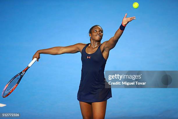 Sloane Stephens of USA serves during the woman's final singles match between Dominika Cibulkova of Slovakia and Sloane Stephens of USA as part of...