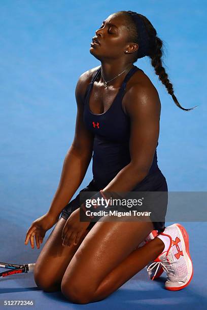 Sloane Stephens of USA reacts after winning the woman's final singles match between Dominika Cibulkova of Slovakia and Sloane Stephens of USA as part...