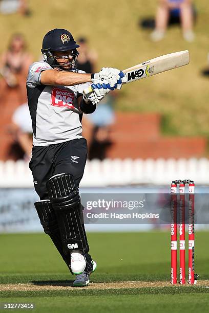 Nathan McCullum of South Island bats during the Island of Origin Twenty20 at Basin Reserve on February 28, 2016 in Wellington, New Zealand.