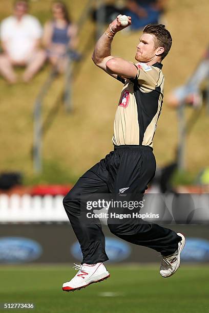 James Neesham of North Island bowls during the Island of Origin Twenty20 at Basin Reserve on February 28, 2016 in Wellington, New Zealand.
