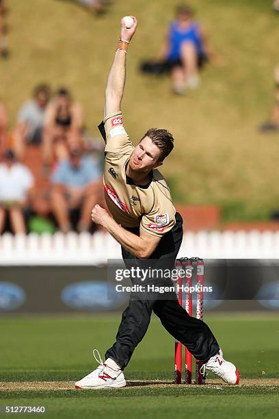 James Neesham of North Island bowls during the Island of Origin Twenty20 at Basin Reserve on February 28, 2016 in Wellington, New Zealand.