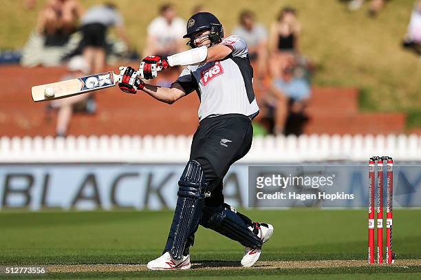 Jacob Duffy of South Island bats during the Island of Origin Twenty20 at Basin Reserve on February 28, 2016 in Wellington, New Zealand.